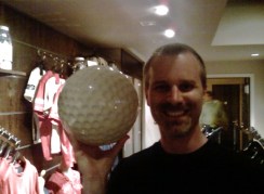 Brian is confused. Is he bowling or golfing?